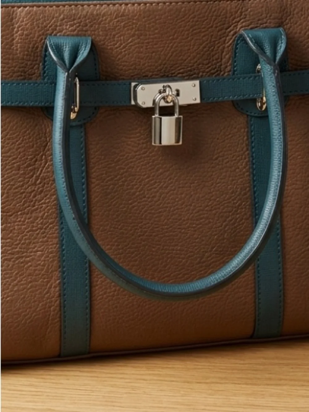 Vera Pelle Leather Satchel with Lock - Brown‎ & Green purse